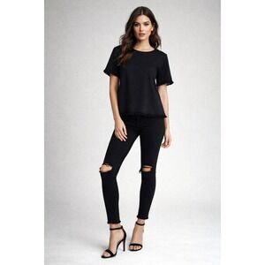 Madewell Black Fringe Trim Short Sleeve Top | Size Small | 100% Cotton